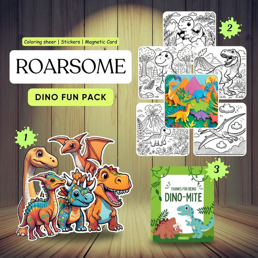Dino Fun Pack – Stickers, Coloring Sheets, Magnetic Card & Bookmark | Perfect for Dinosaur Fans!