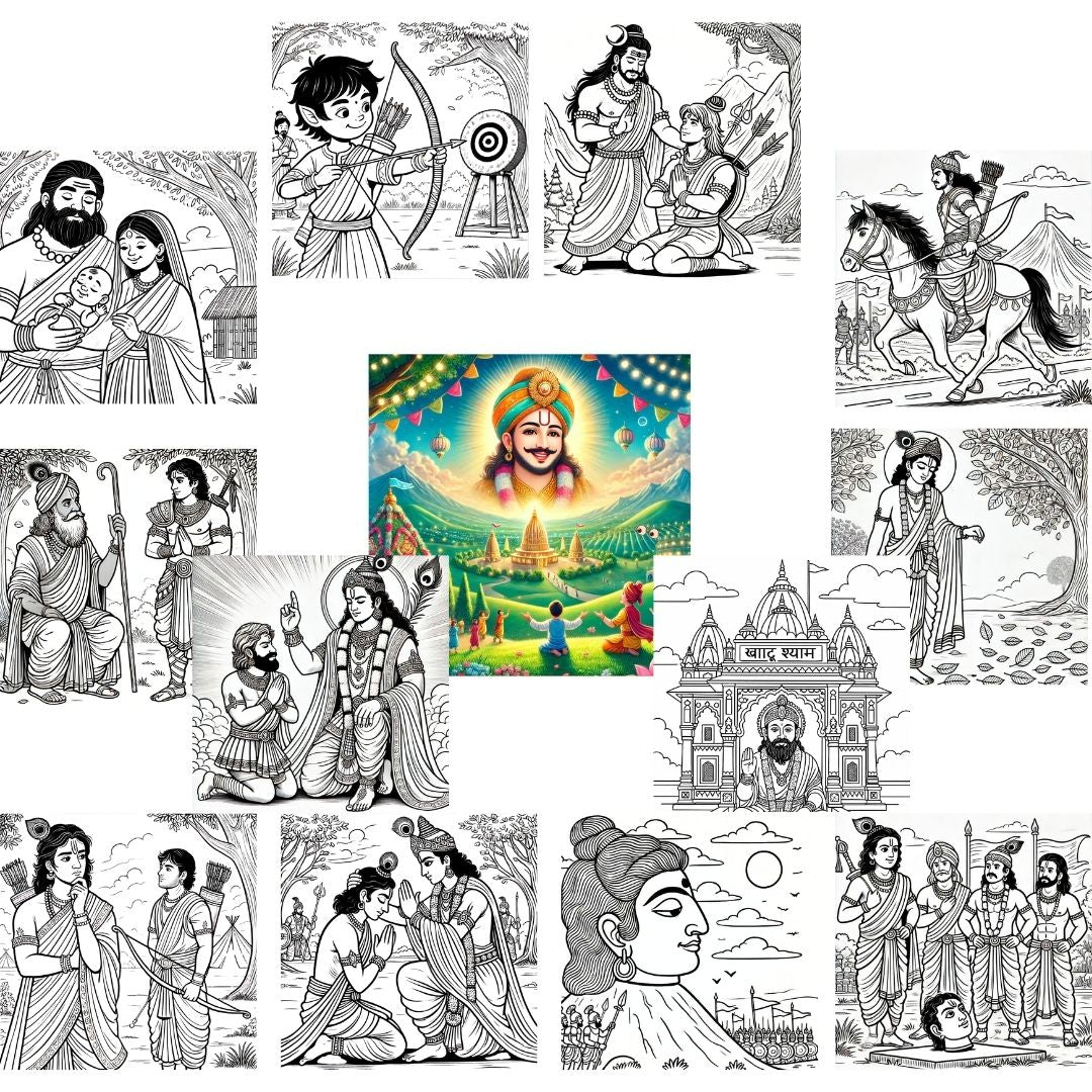 Shree Khatu Shyam Ji Coloring Set – 11 Mythological Sheets + 2 Divine Stickers