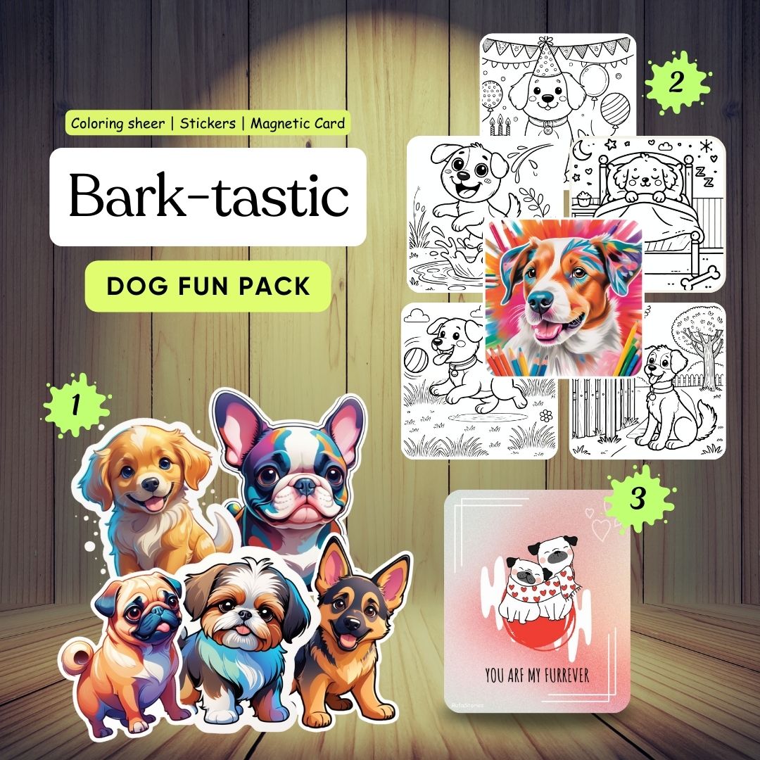 Dog Fun Pack – Stickers, Coloring Sheets, Magnetic Card & Bookmark | Perfect for Dog Lovers & Kids