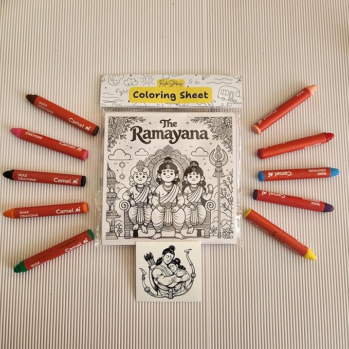 Ramayana Colouring Sheets for Kids | 11 Sheets to Color With Lord Rama Sticker & Magnetic Card