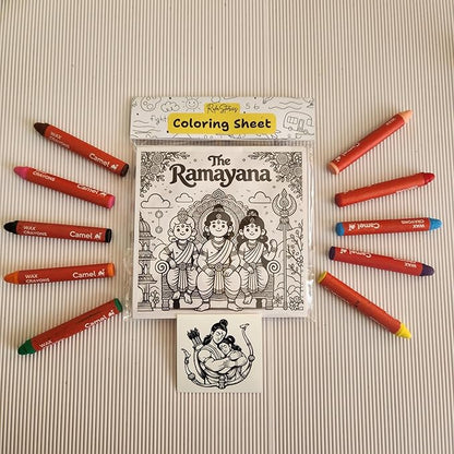 Ramayana Colouring Sheets for Kids | 11 Sheets to Color With Lord Rama Sticker & Magnetic Card