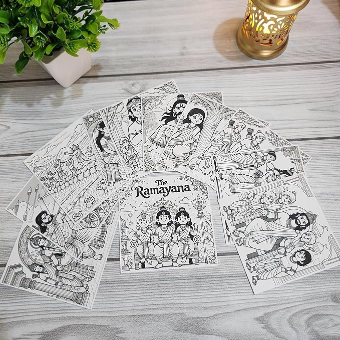 Ramayana Colouring Sheets for Kids | 11 Sheets to Color With Lord Rama Sticker & Magnetic Card