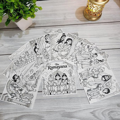 Ramayana Colouring Sheets for Kids | 11 Sheets to Color With Lord Rama Sticker & Magnetic Card