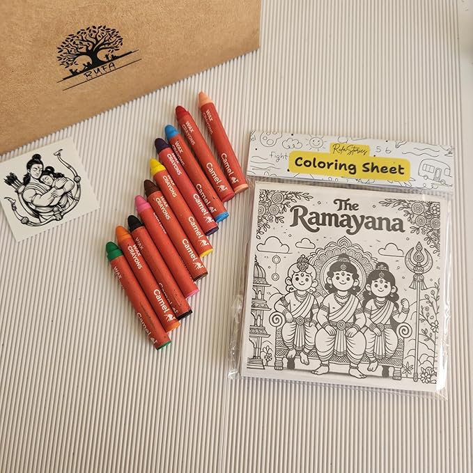 Ramayana Colouring Sheets for Kids | 11 Sheets to Color With Lord Rama Sticker & Magnetic Card