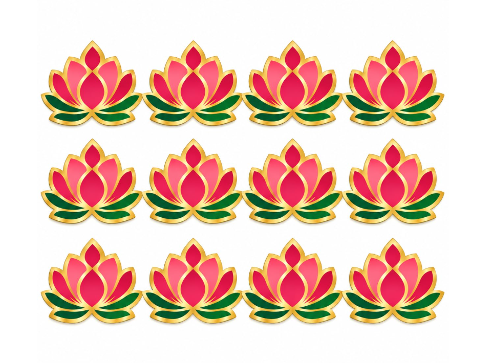 RufaStories Lotus Stickers for Diwali Decoration – Set of 12 | 7.5 × 5.5 cm Self-Adhesive Kamal Flower Stickers for Mandir, Pooja Room, Door, Wall, Tiles & Festive Home Decor | Pink, Green & Gold