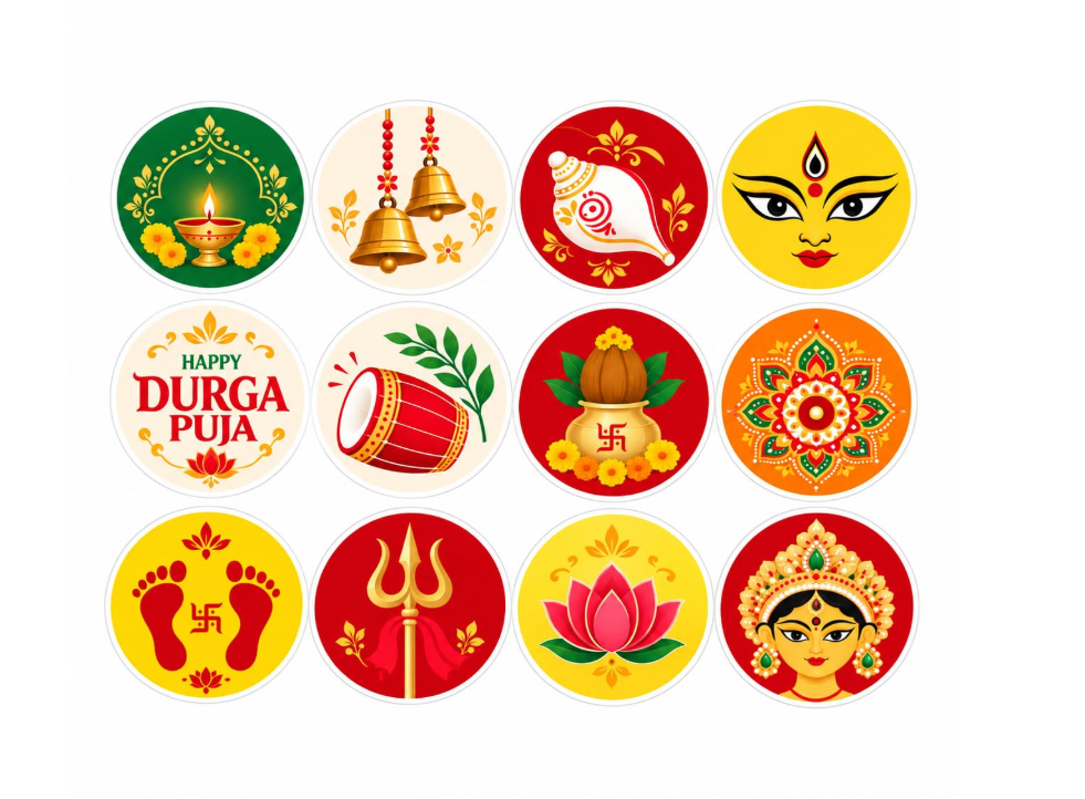 RufaStories Durga Puja Stickers for Decoration – Set of 12 | 3 × 3 Inch Round Self-Adhesive Durga Maa Stickers for Mandir, Pooja Room, Door, Navratri & Festive Home Decor
