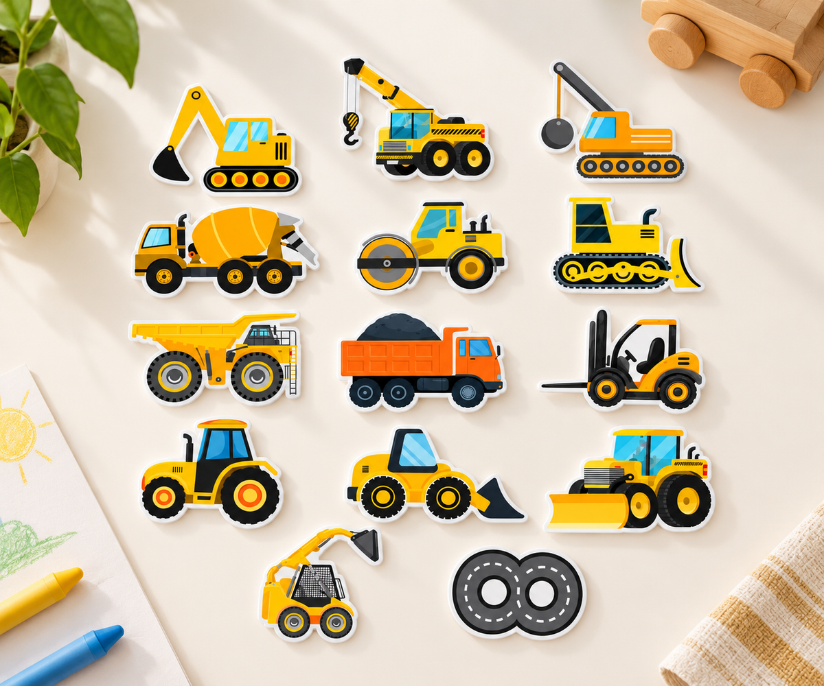 RufaStories Construction Vehicle Stickers for Kids – Set of 16 | Waterproof Truck & Digger Stickers