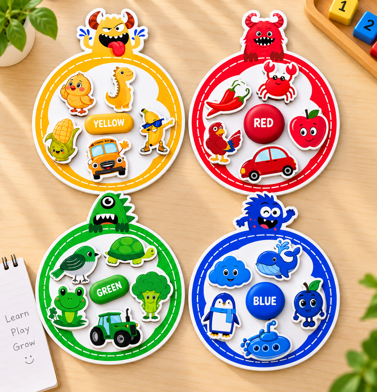 RufaStories Colour Sorting Magnets for Kids – 4 Monster Boards + 24 Magnets | Colour Matching Activity