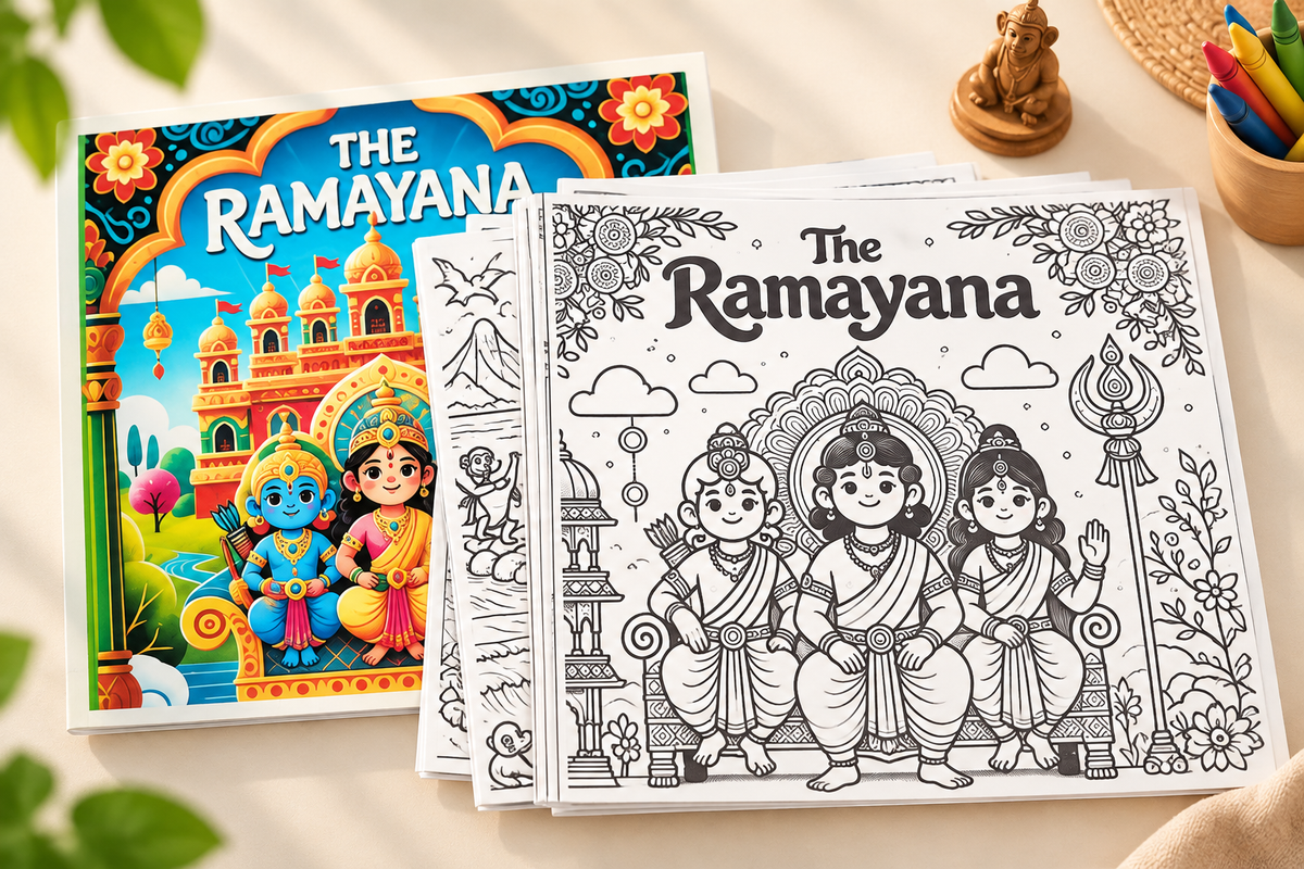 RufaStories Ramayana Coloring Sheets for Kids – 11 Story Sheets with Crayons | Creative Activity Set