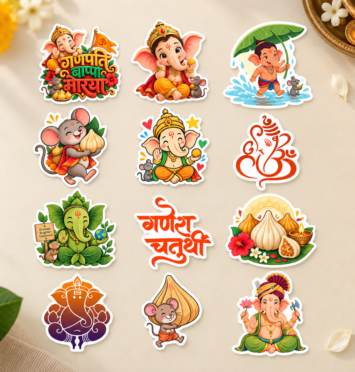 RufaStories Ganesh Chaturthi Stickers – Pack of 12 | 3×3 Inch Ganpati Bappa Festive Stickers
