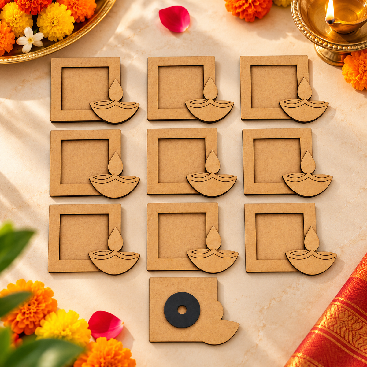 RufaStories MDF Diya Photo Frame Magnets for Diwali DIY, Pack of 10, 3 x 3 Inch | Unfinished Wooden Craft Magnets with Magnetic Backing | Paint & Decorate DIY Photo Frames for Kids & Adults