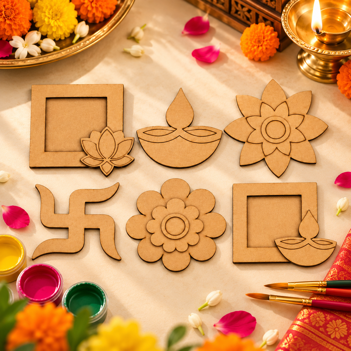 RufaStories MDF Diwali DIY Craft Magnets, Pack of 6 Unique Designs, 3 x 3 Inch | Unfinished Wooden Magnets with 2 Photo Frames | Paint & Decorate Craft Kit for Kids & Adults