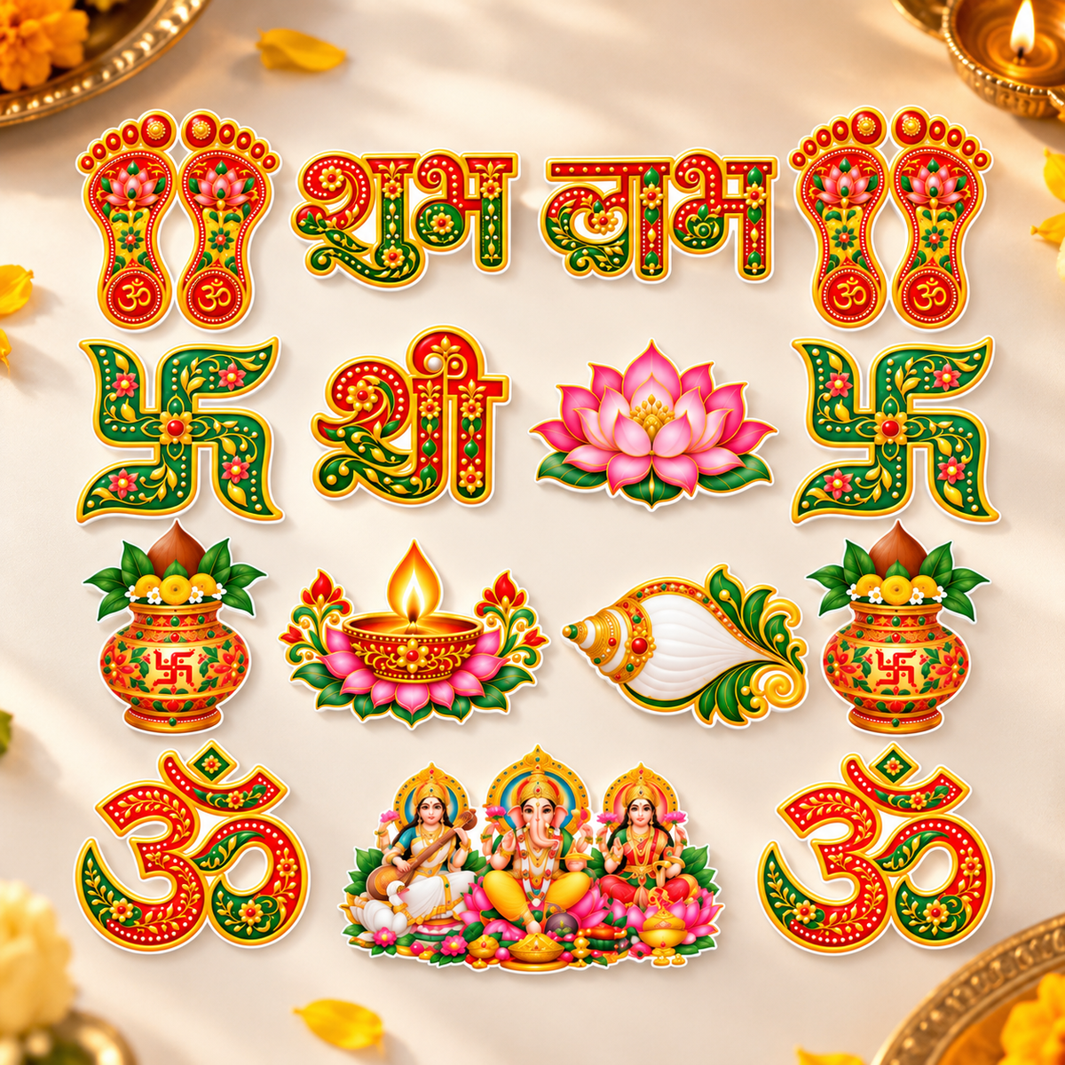 RufaStories Diwali Stickers for Decoration, Set of 15, 3 x 2.5 Inch | Self Adhesive Shubh Labh, Laxmi Charan, Diya, Om, Kalash, Lotus & Swastik Stickers for Door, Wall, Floor, Mandir, Pooja Room & Entrance