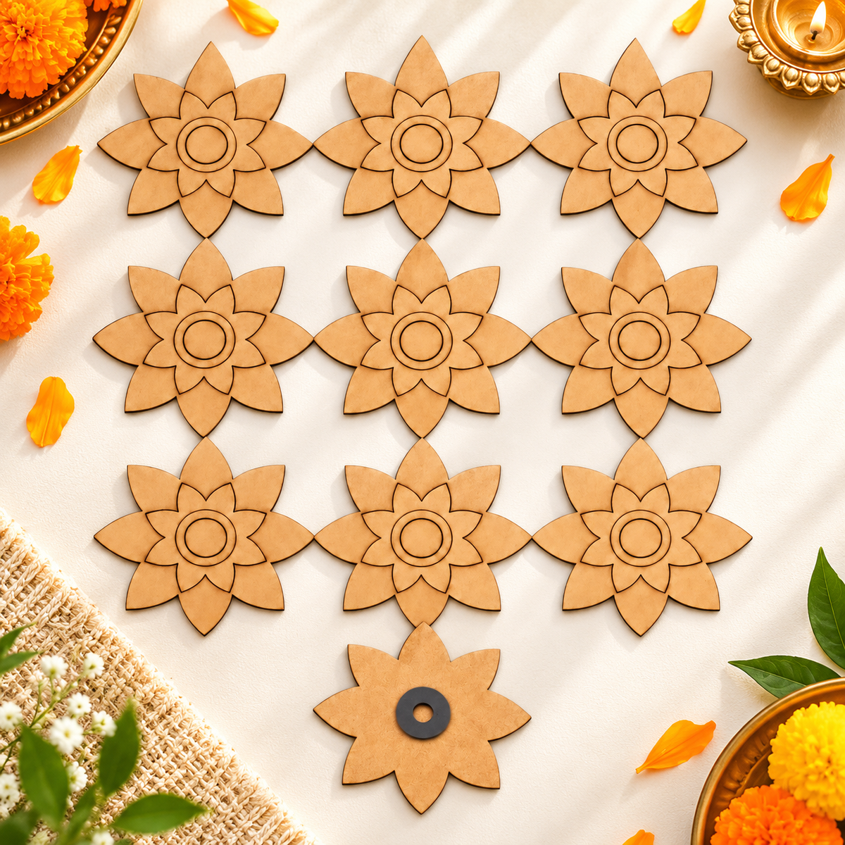 RufaStories MDF Star Flower Magnets for DIY Painting & Crafts, 10 Pcs, 3 Inch