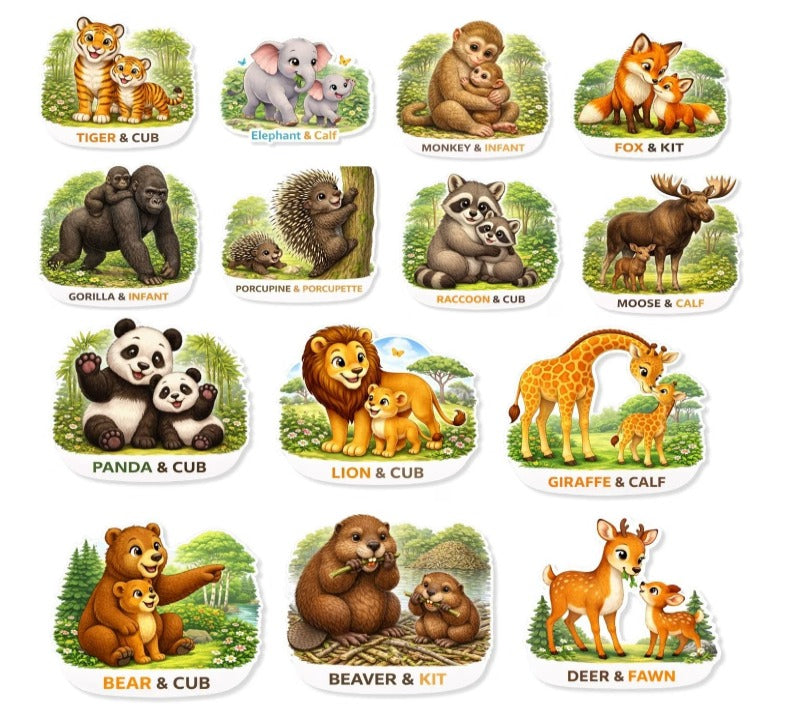 RufaStories Forest Animal Family Fridge Magnets for Kids Set of 14 | Animal & Baby Learning Magnets