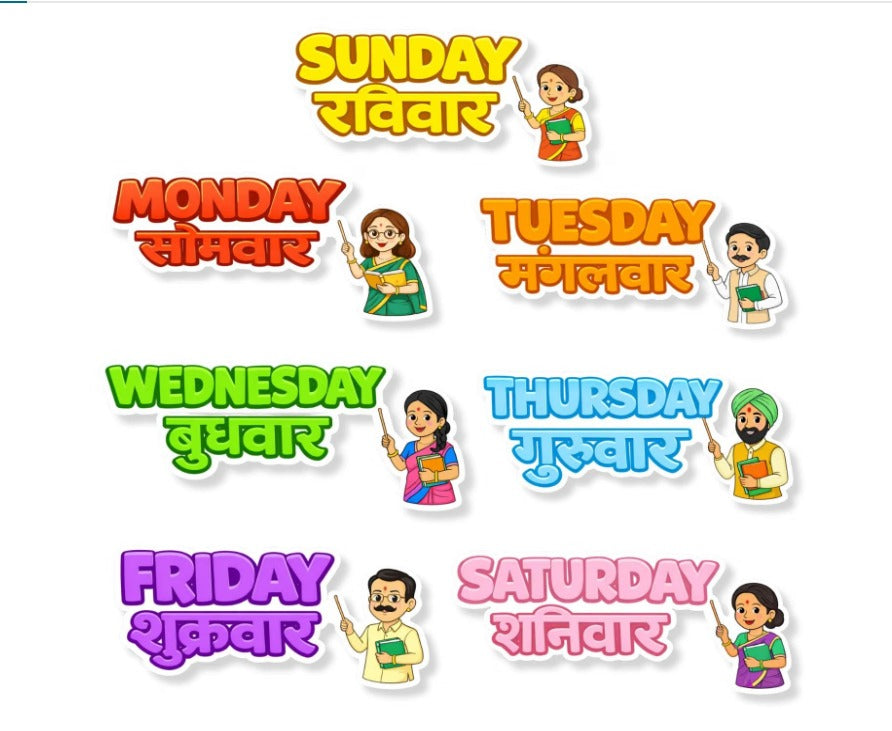RufaStories Hindi-English Weekdays Fridge Magnets for Kids – Set of 7 | Bilingual Learning Magnets