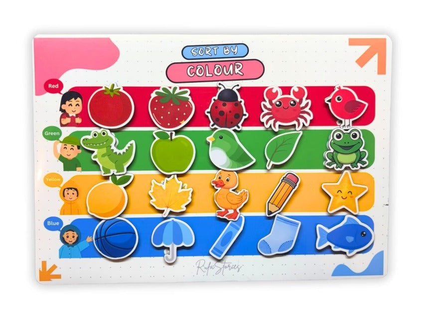 RufaStories Sort by Colour Learning Magnets for Kids – 40 Magnets + 2 A4 Activity Boards | Colour Sorting Game